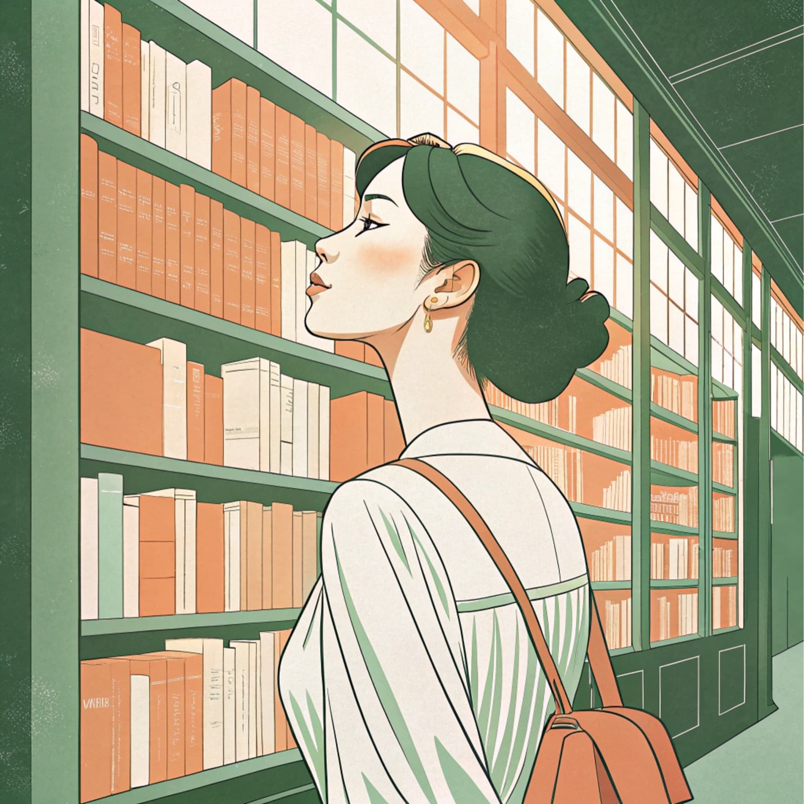 Illustration of a woman browsing books in a library